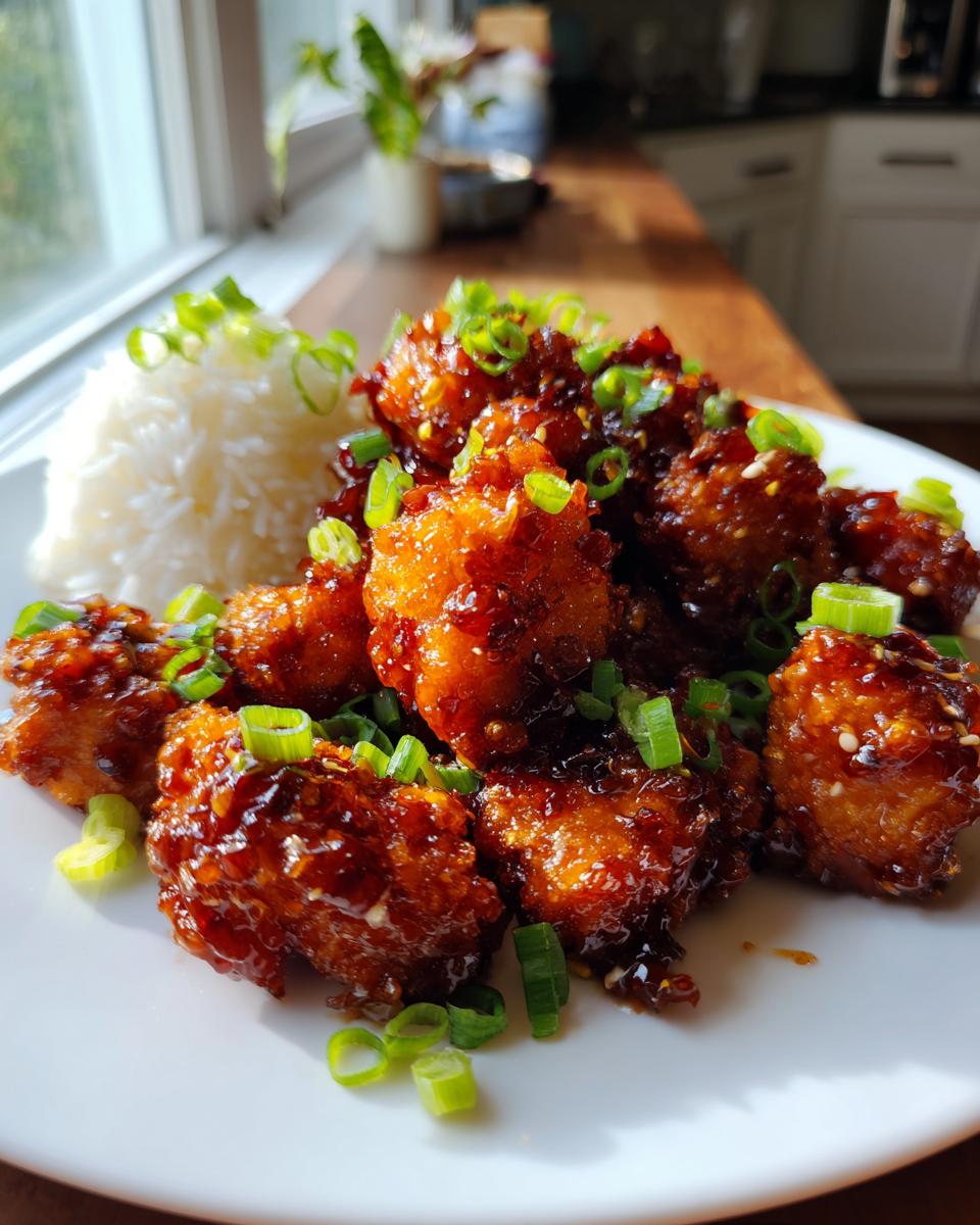 A plate of crispy General Tso’s Tofu served with white rice and garnished with chopped green onions.