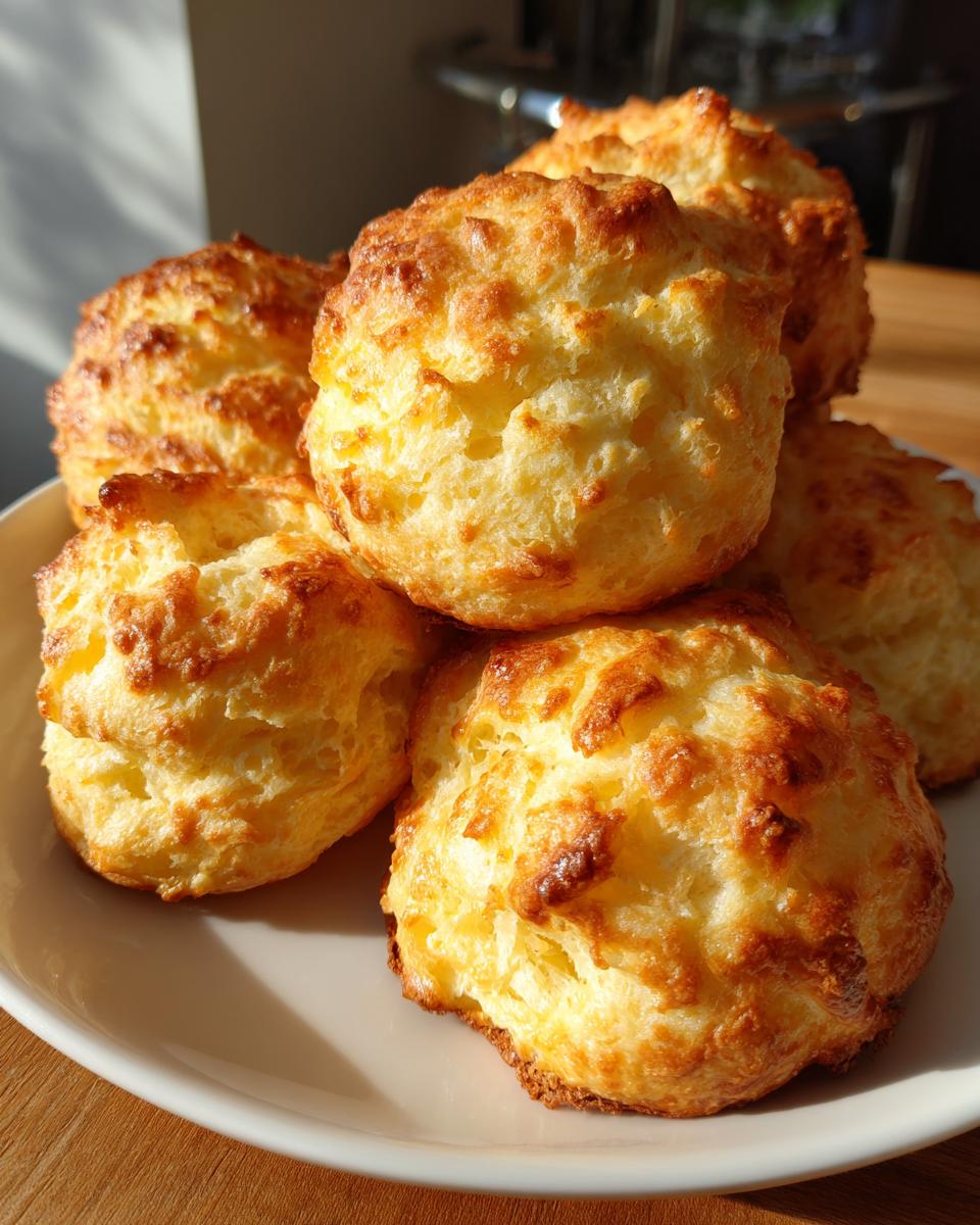 A stack of freshly baked, golden cloud bread on a white plate, showcasing its light and airy texture.