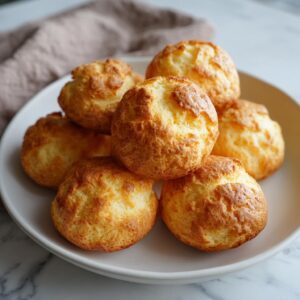 A stack of golden brown cloud bread on a white plate, showcasing their light and airy texture.