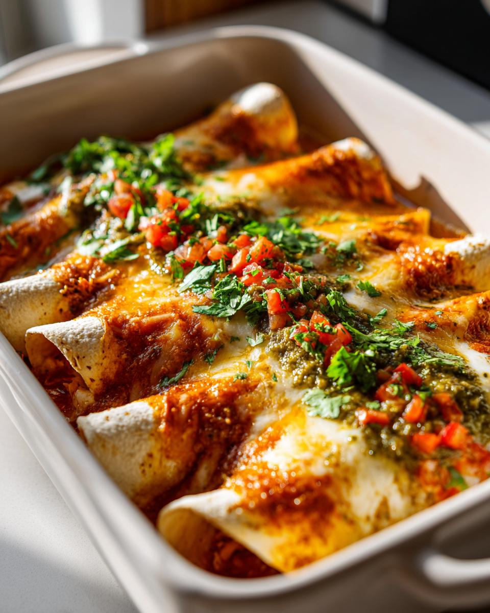 Close-up of Green Chicken Enchiladas in a baking dish, topped with melted cheese, salsa, and fresh herbs.