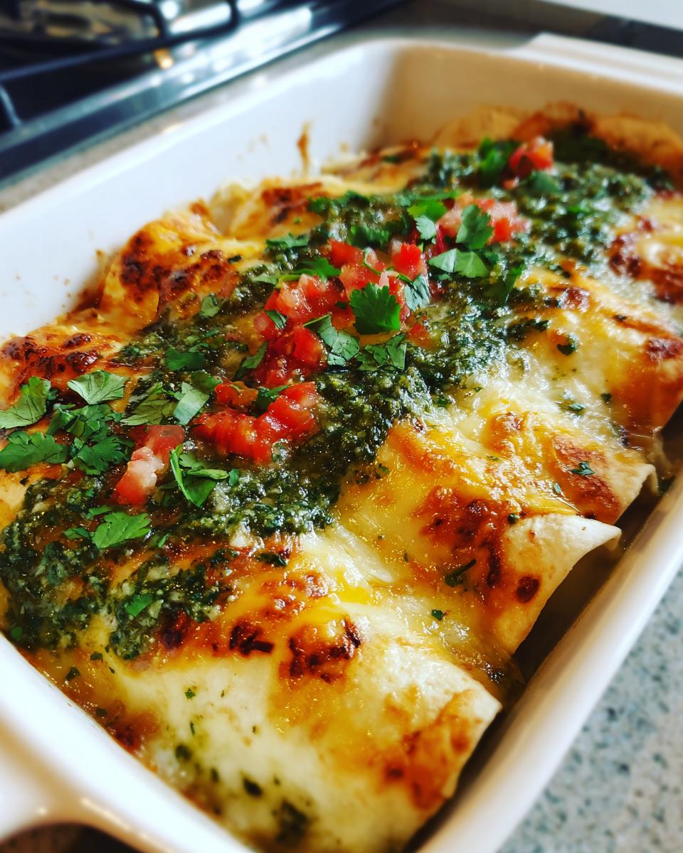 Close-up of Green Chicken Enchiladas in a baking dish, topped with green sauce, melted cheese, and fresh herbs.