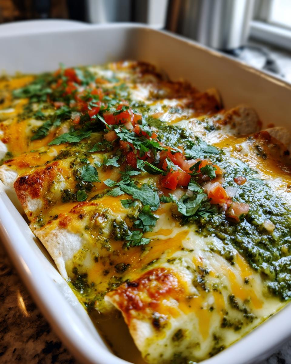 Close-up of Green Chicken Enchiladas in a baking dish, topped with cheese, green sauce, cilantro and diced tomatoes.