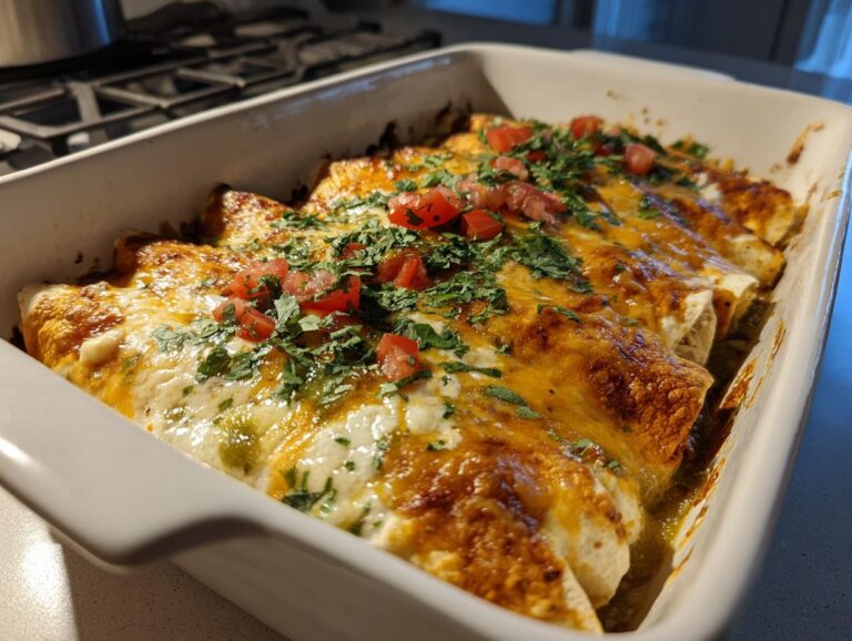 A baking dish filled with Green Chicken Enchiladas, topped with melted cheese, cilantro, and diced tomatoes.