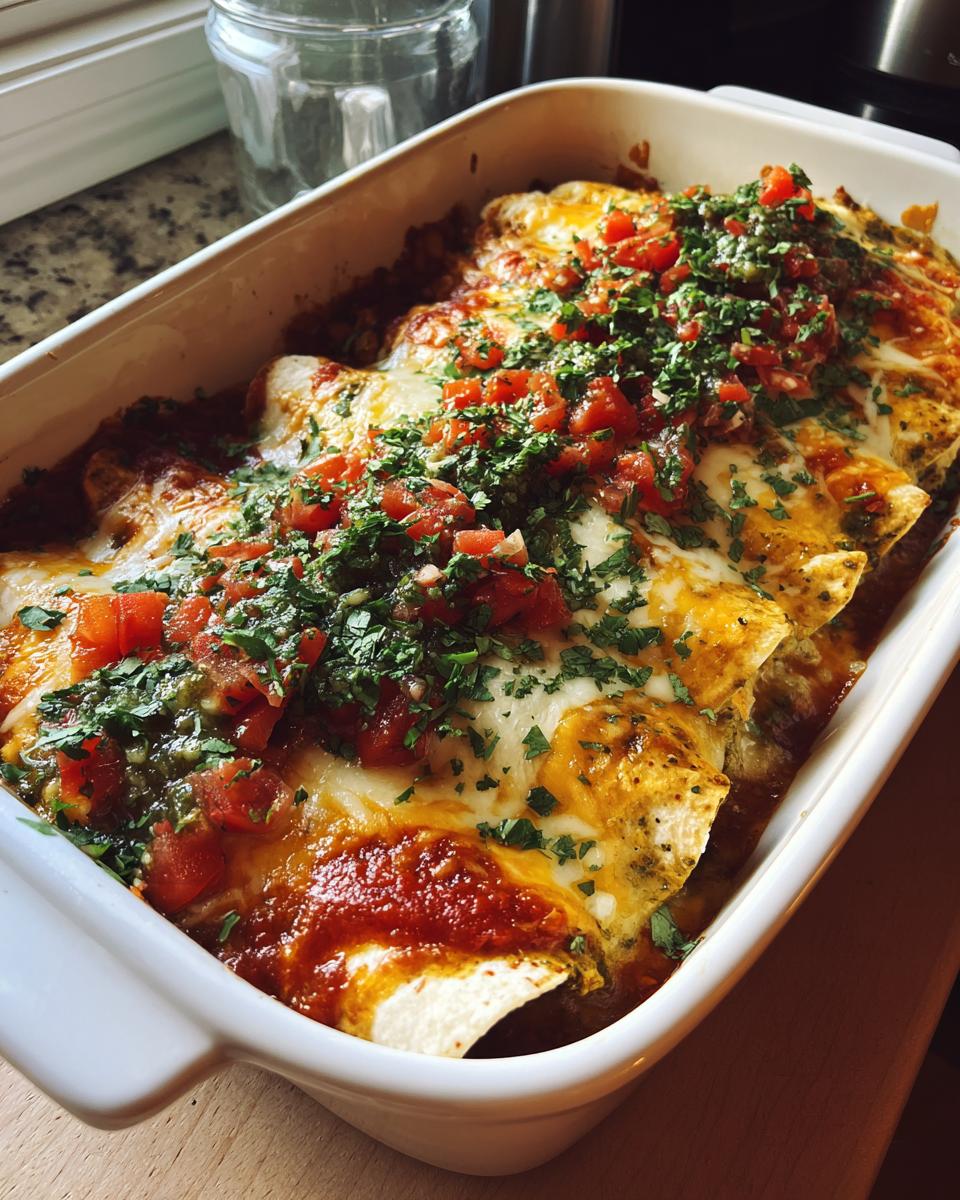 Close-up of Green Chicken Enchiladas in a white baking dish, topped with cheese, tomatoes, and herbs.