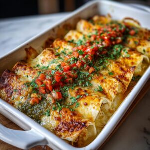 Overhead view of Green Chicken Enchiladas in a white baking dish, topped with cheese, salsa, and herbs.