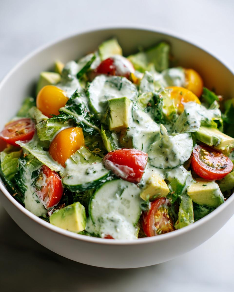 A vibrant Green Goddess Chopped Salad in a white bowl, featuring tomatoes, avocado, and cucumber.