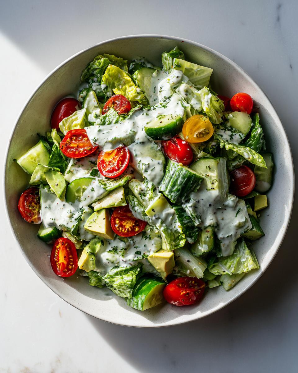 Overhead shot of a Green Goddess Chopped Salad in a bowl with lettuce, tomatoes, cucumbers, and creamy dressing.