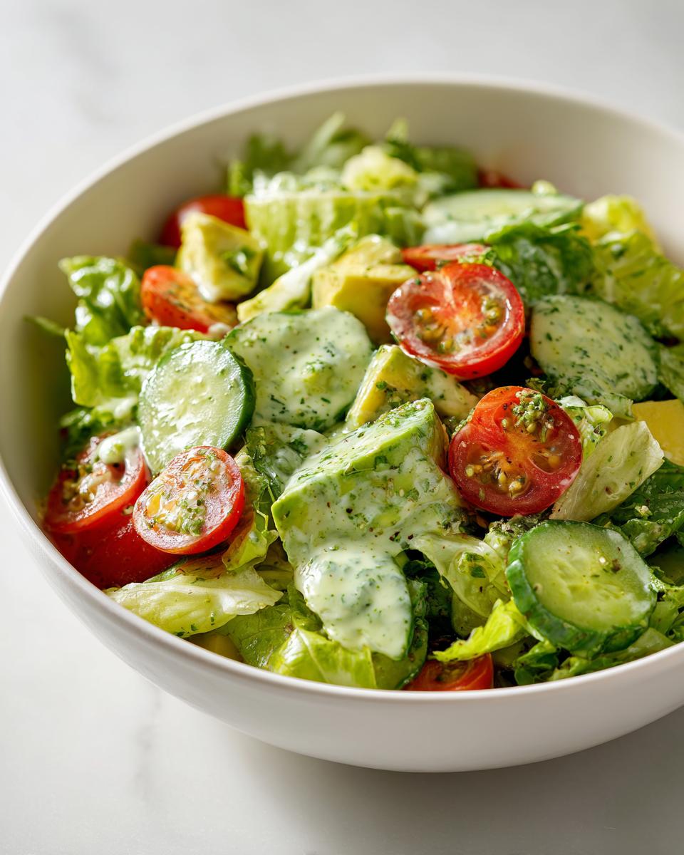 A vibrant Green Goddess Chopped Salad in a white bowl, featuring lettuce, tomatoes, cucumbers, and creamy green dressing.