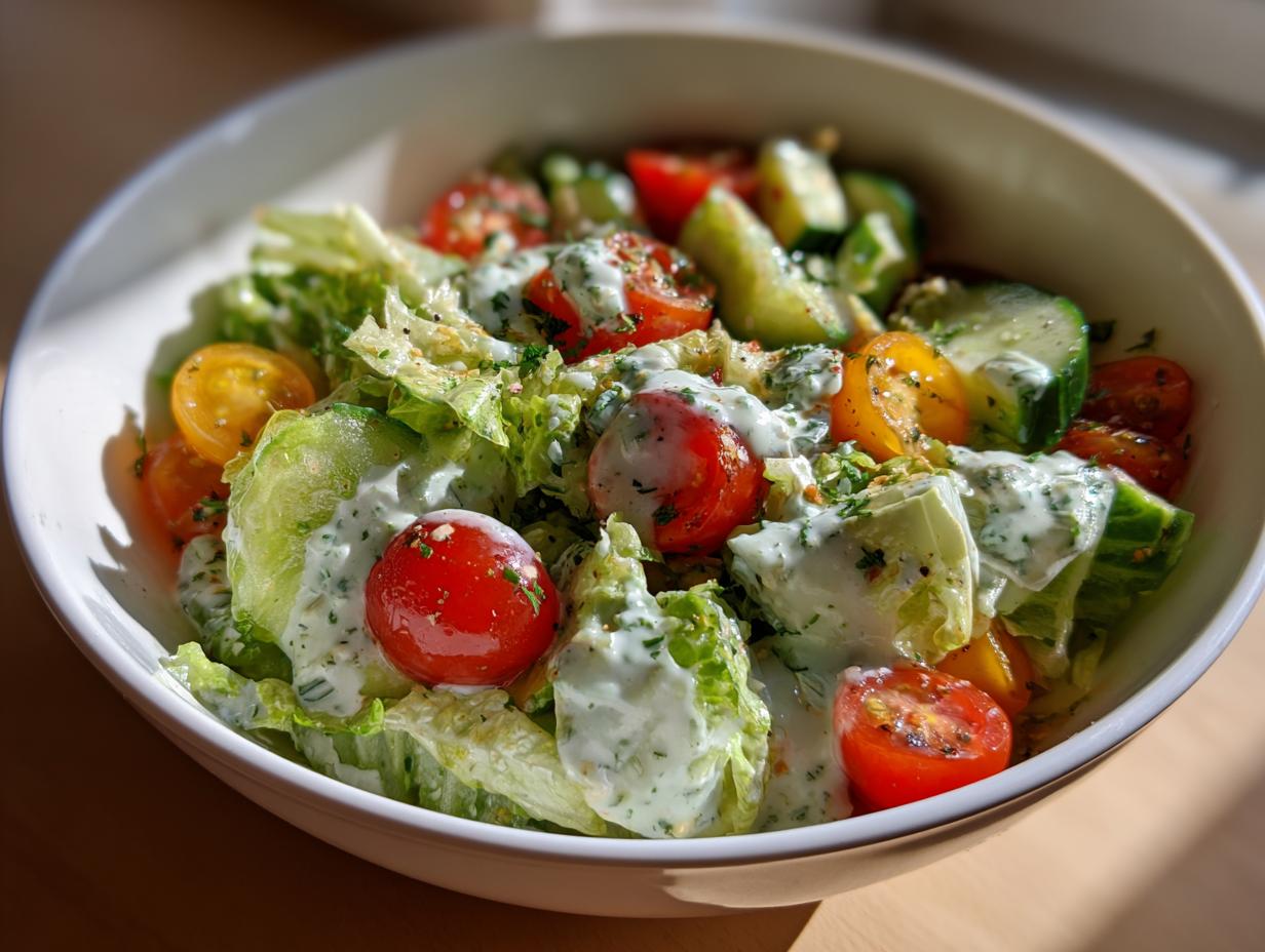 Bowl of Green Goddess Chopped Salad with lettuce, tomatoes, cucumbers, and creamy green goddess dressing.