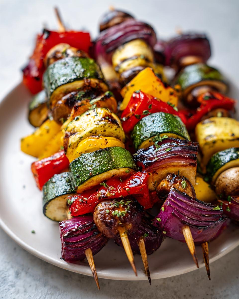 Close-up of grilled vegetable skewers with zucchini, peppers, onions, and mushrooms on a plate.