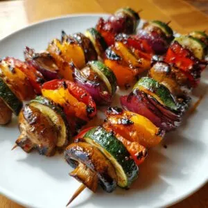 Close-up of colorful grilled vegetable skewers featuring zucchini, peppers, onions, and mushrooms.