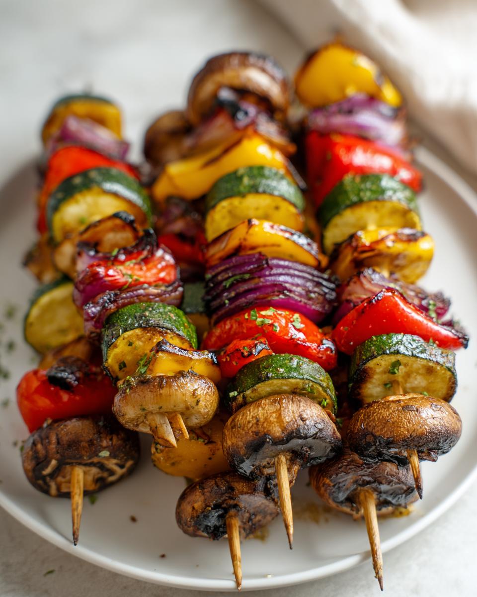 Three grilled vegetable skewers featuring mushrooms, zucchini, peppers, and red onion on a white plate.
