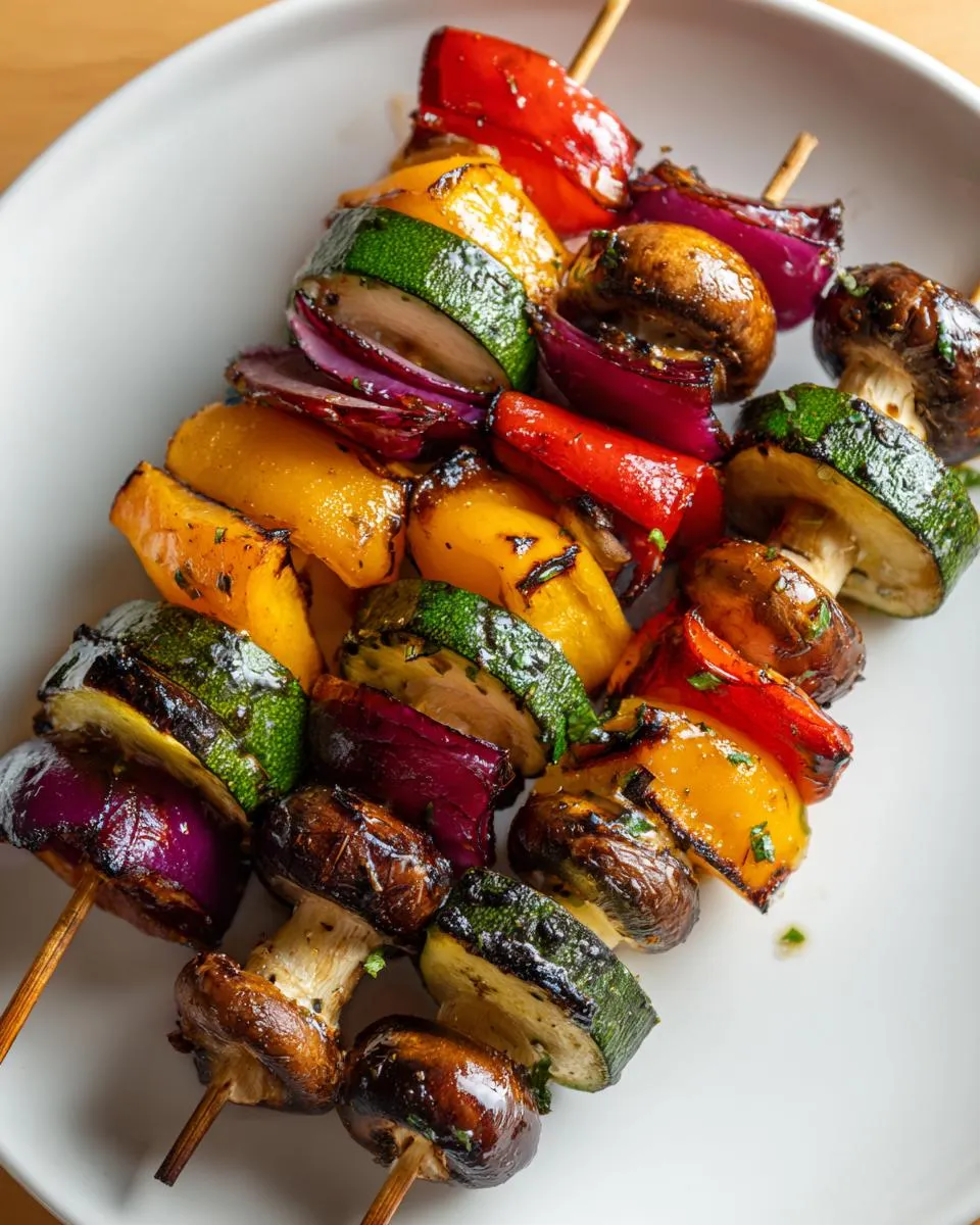 Overhead view of grilled vegetable skewers featuring zucchini, peppers, onions, and mushrooms on a white plate.