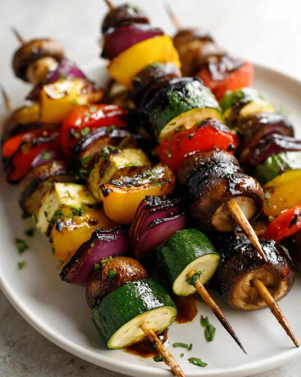 Close-up of grilled vegetable skewers featuring zucchini, mushrooms, peppers, and onions on a white plate. Perfect grilled vegetable skewers.