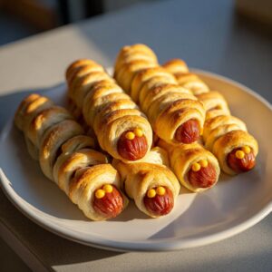 A plate of Halloween mummy hot dogs, featuring hot dogs wrapped in pastry with candy eyes.