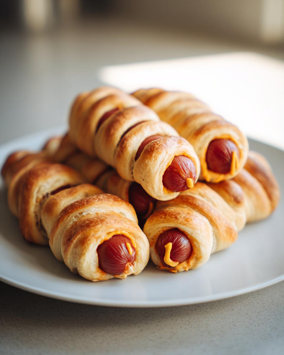 Pile of baked Halloween mummy hot dogs on a white plate, perfect for a spooky kids' party.