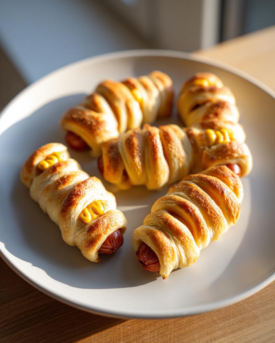 A plate of Halloween mummy hot dogs, baked and golden brown, with mustard eyes.
