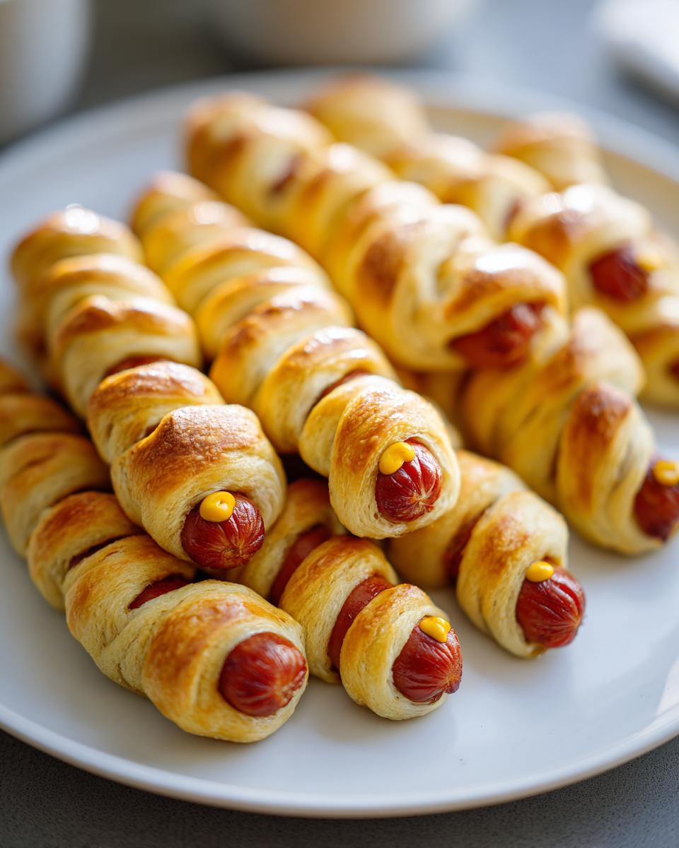 A plate of Halloween mummy hot dogs, baked until golden brown, with mustard 'eyes' peeking out.