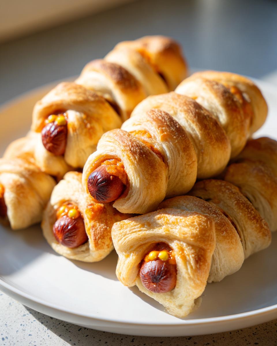 A pile of Halloween mummy hot dogs on a white plate, baked to a golden brown.