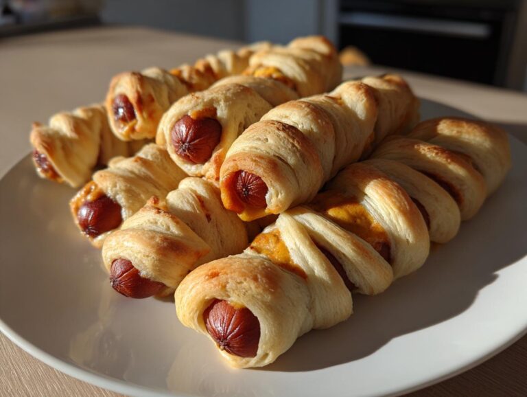 A plate of Halloween mummy hot dogs, featuring hot dogs wrapped in pastry to resemble mummies.