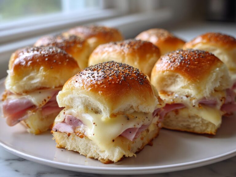 A plate of freshly baked ham and cheese sliders with melted cheese and poppy seeds on top.