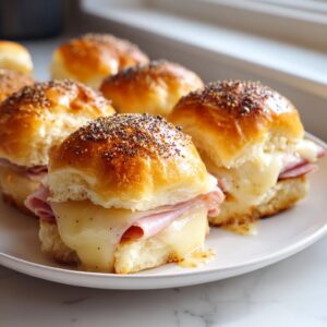 Close-up of several Ham and Cheese Sliders on a white plate, featuring melted cheese and glazed buns.