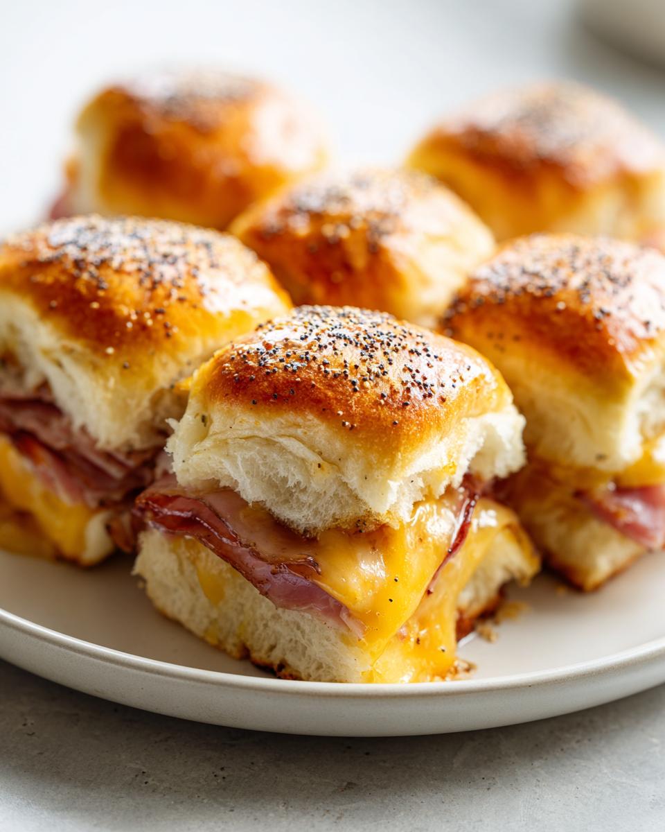 A plate of mouthwatering Ham and Cheese Sliders with melted cheese and poppy seeds on top.