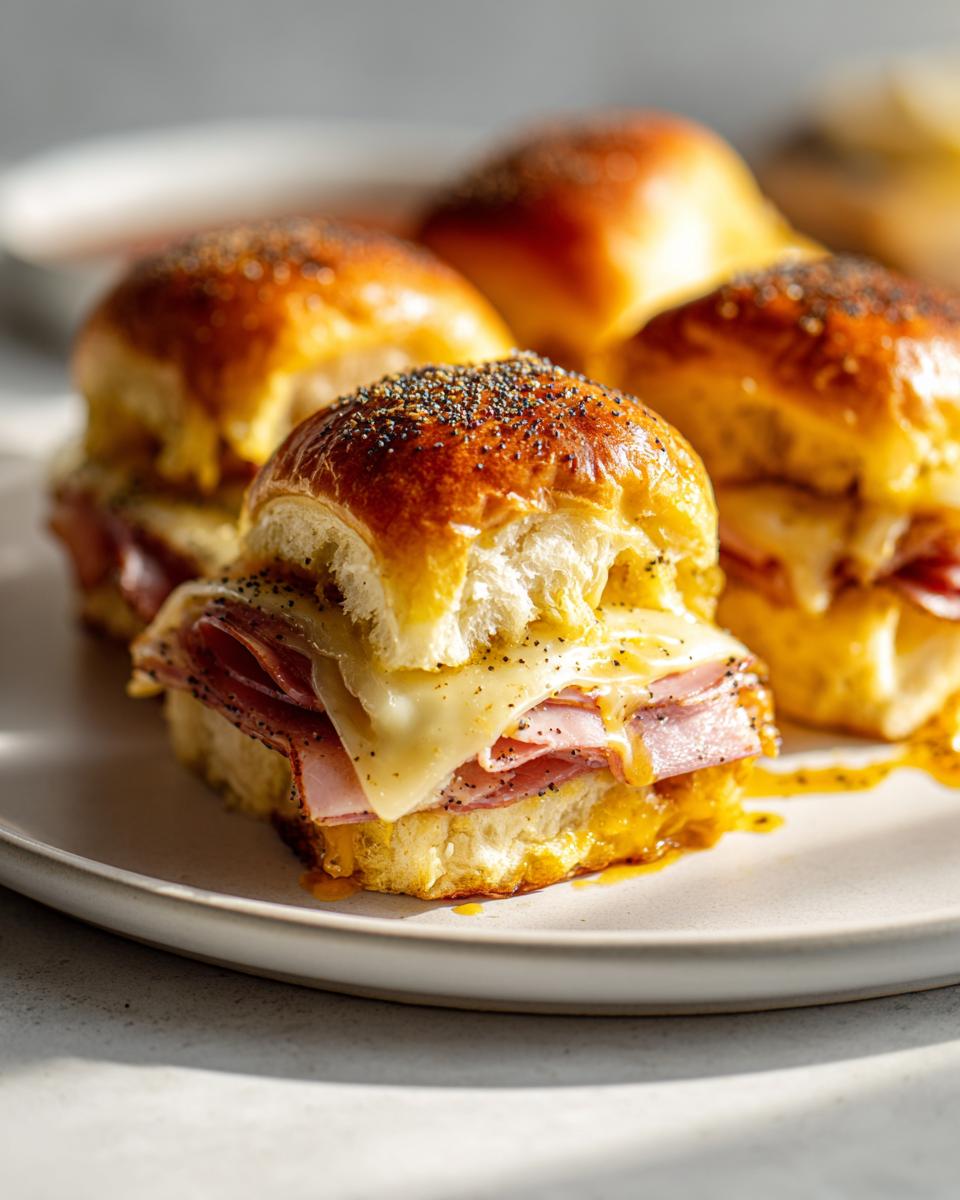 Close-up of several Ham and Cheese Sliders on a plate, featuring melted cheese and poppy seed buns.