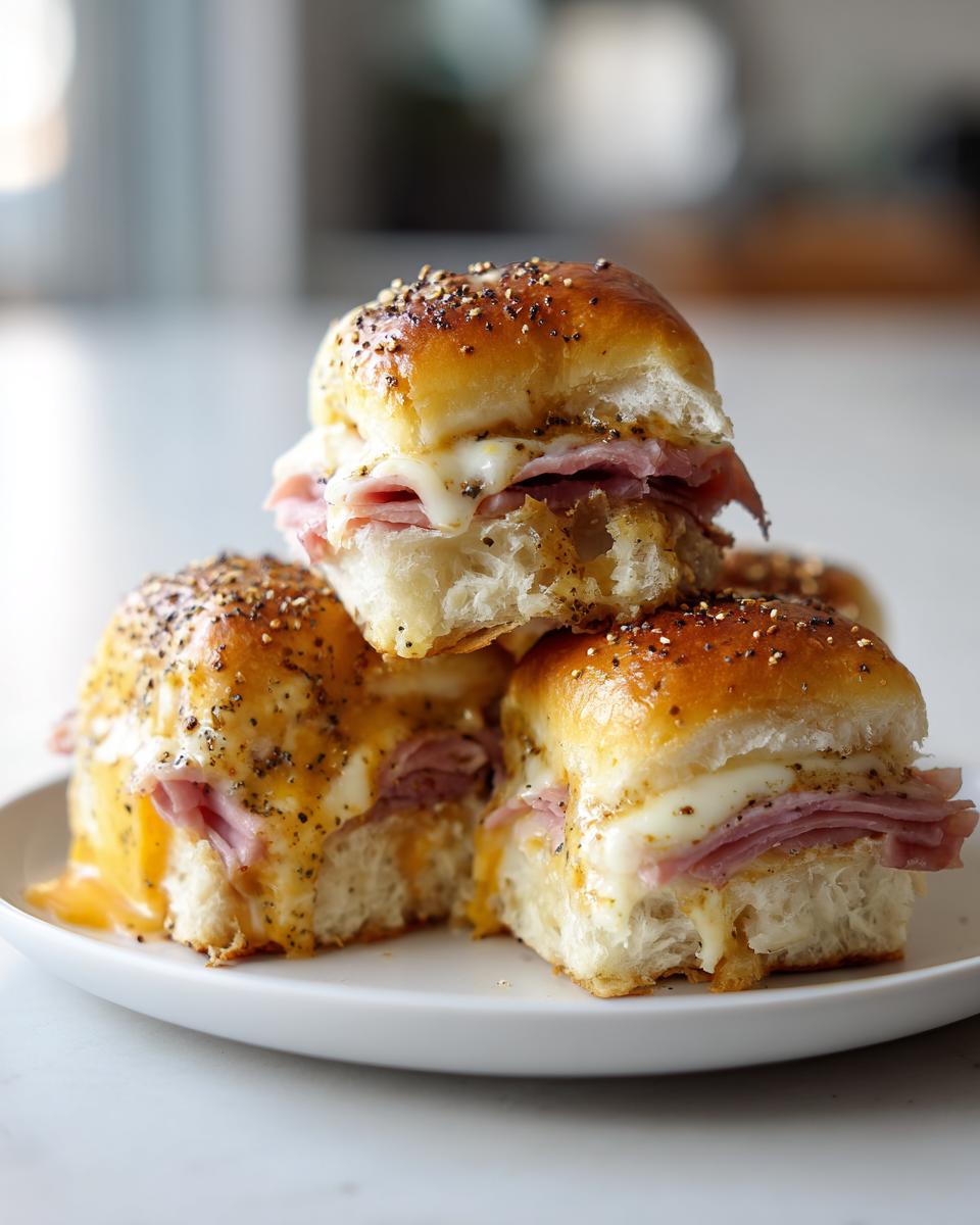 A stack of delicious Ham and Cheese Sliders with melted cheese on a white plate.