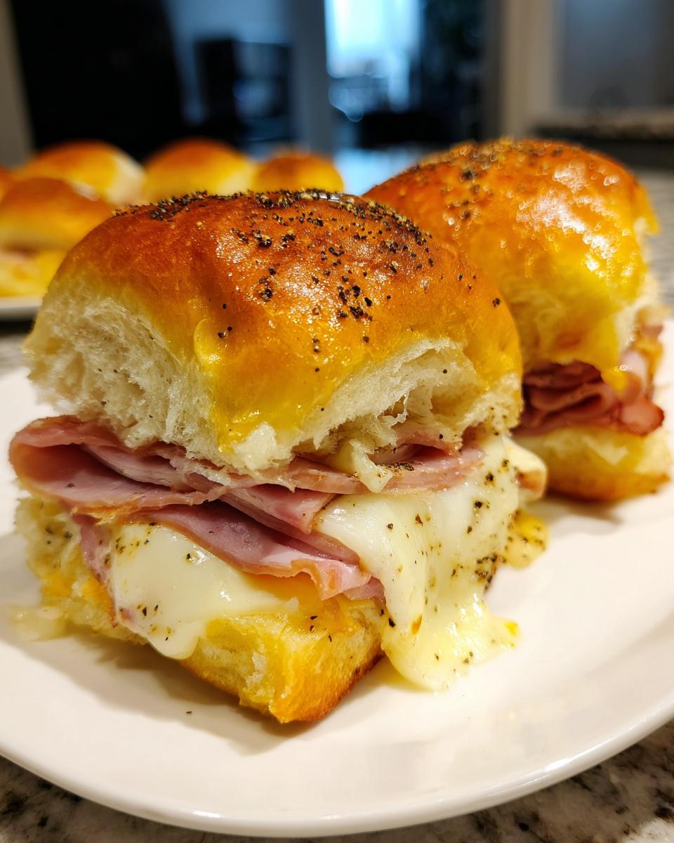 Close-up of two Ham and Cheese Sliders with melted cheese oozing out, on a white plate.
