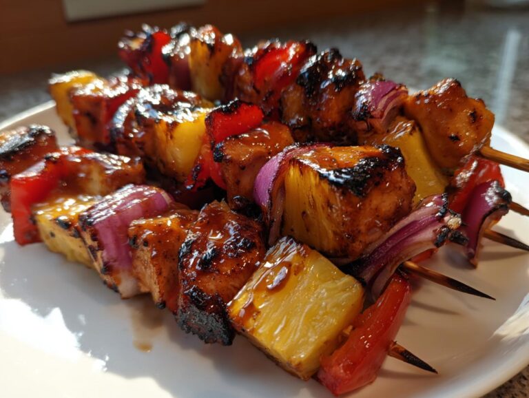 Close-up of glazed Hawaiian chicken kabobs with pineapple, red pepper, and red onion on a white plate.