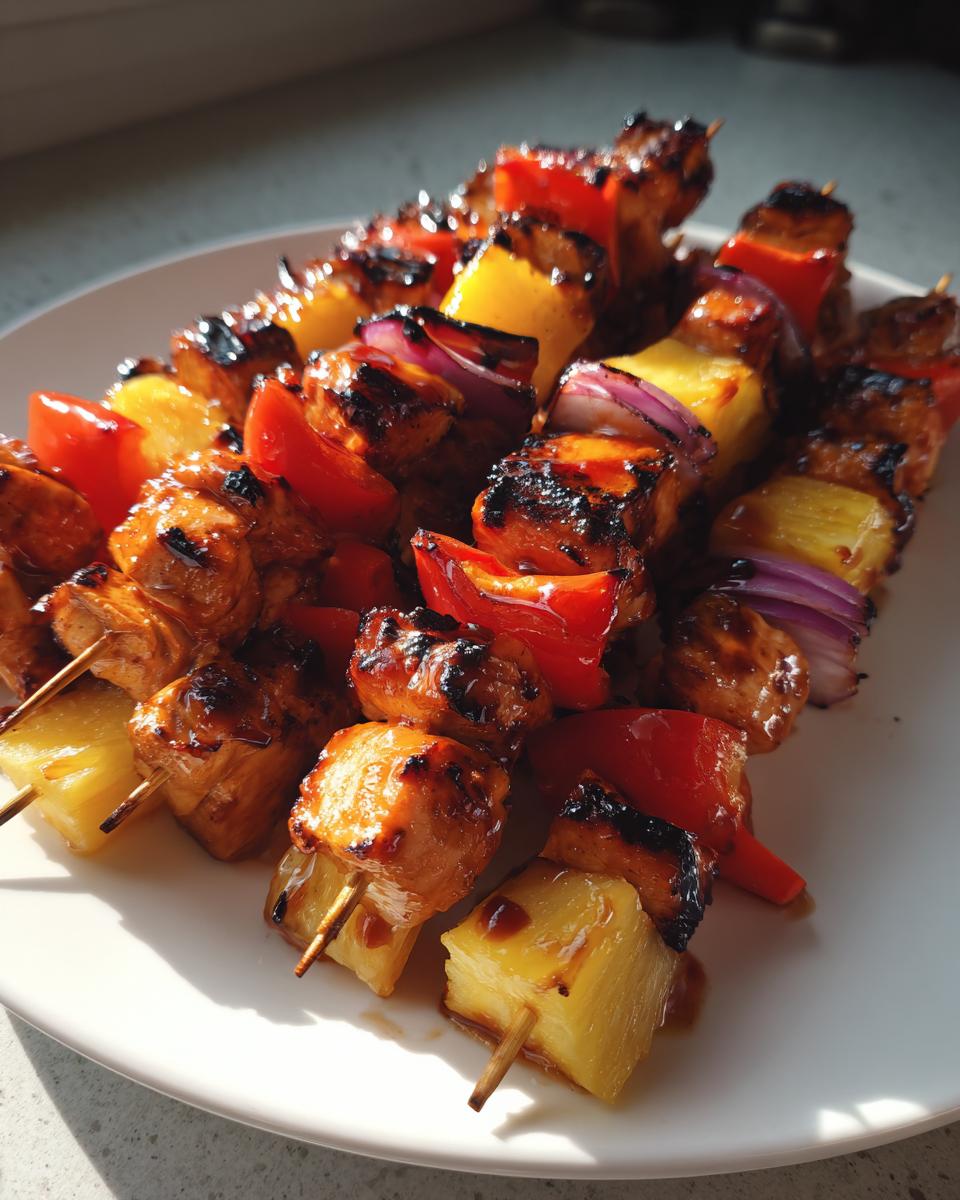 Several Hawaiian chicken kabobs on a white plate, featuring grilled chicken, pineapple, red bell pepper, and red onion.