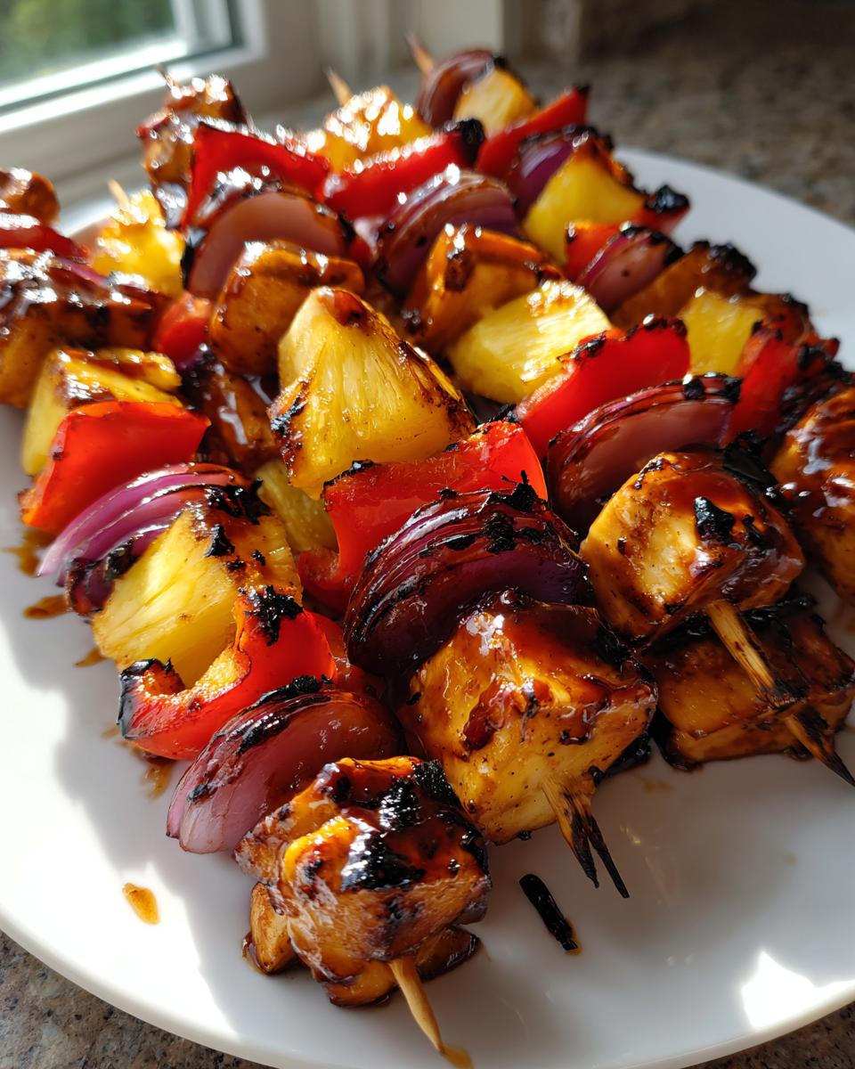 Close-up of Hawaiian chicken kabobs featuring grilled chicken, pineapple, red bell pepper, and red onion, glazed with sauce.