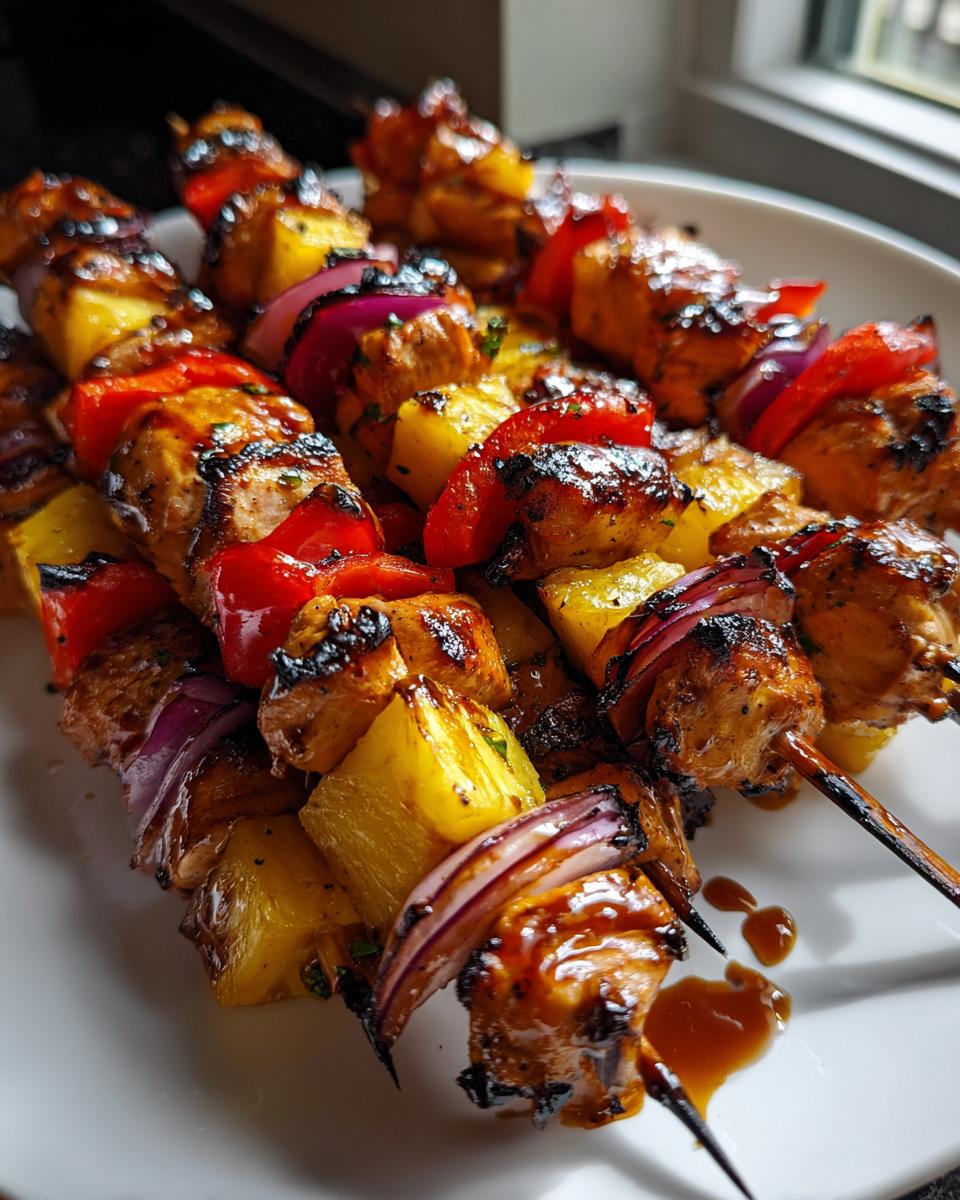 Close-up of Hawaiian chicken kabobs with grilled chicken, pineapple, red pepper, and red onion on a white plate.