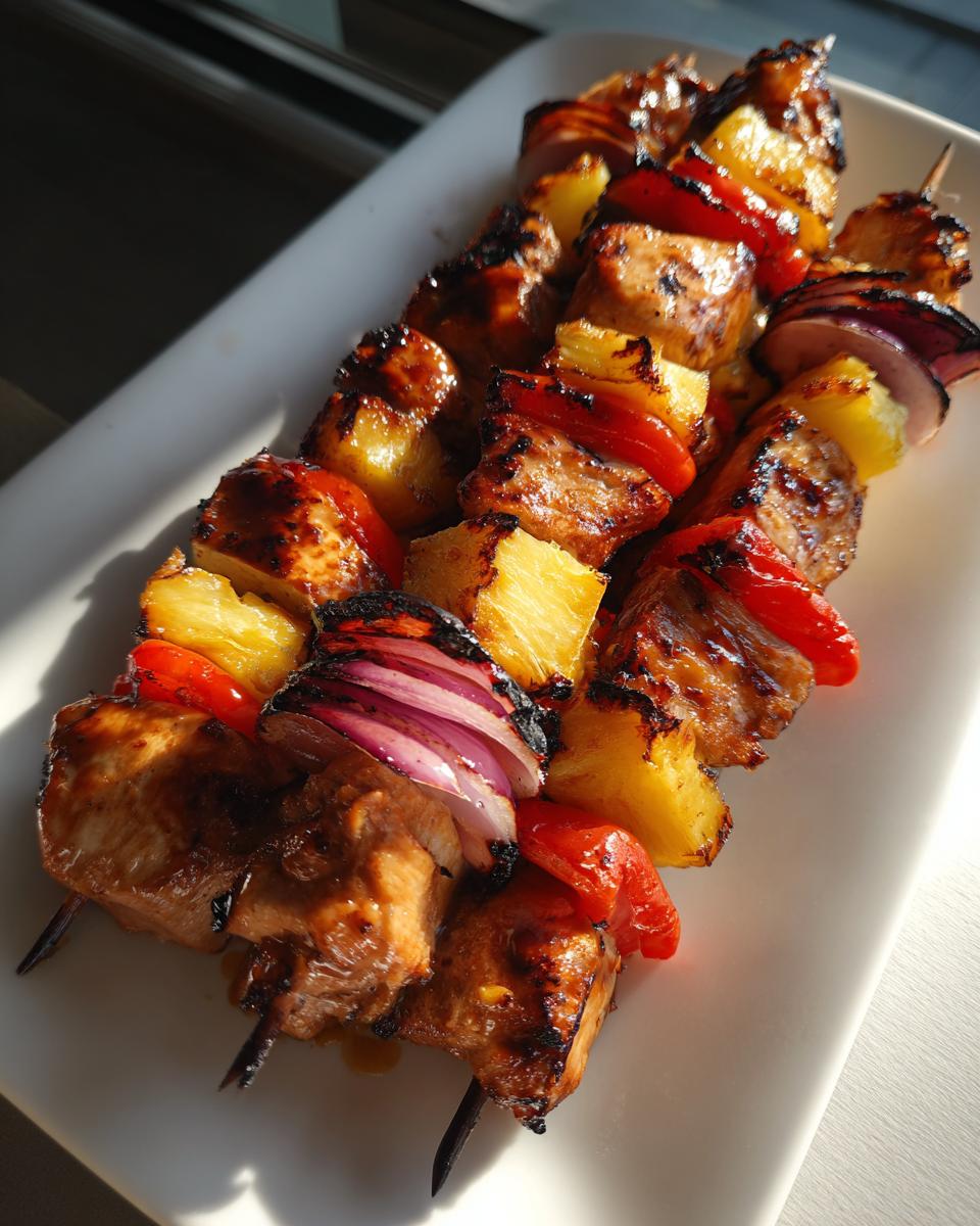 Three Hawaiian chicken kabobs with pineapple, red pepper, and onion on a white plate.