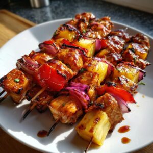 Close-up of grilled Hawaiian chicken kabobs with pineapple, red onion, and bell pepper on a white plate.