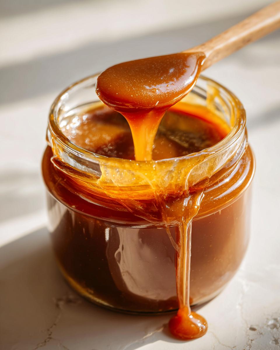 Close-up of a jar of homemade apple butter with a wooden spoon scooping some out, showing its rich texture.
