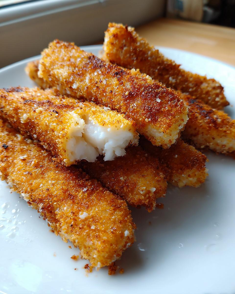 A plate of golden brown, crispy Homemade baked fish sticks, one broken to show the flaky white fish inside.
