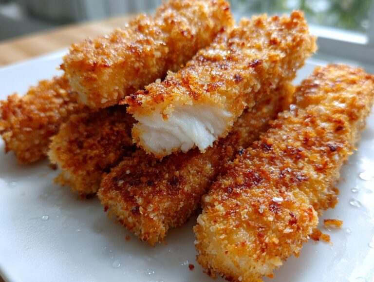 Close-up of golden brown, crispy Homemade baked fish sticks on a white plate, one broken to show flaky fish inside.