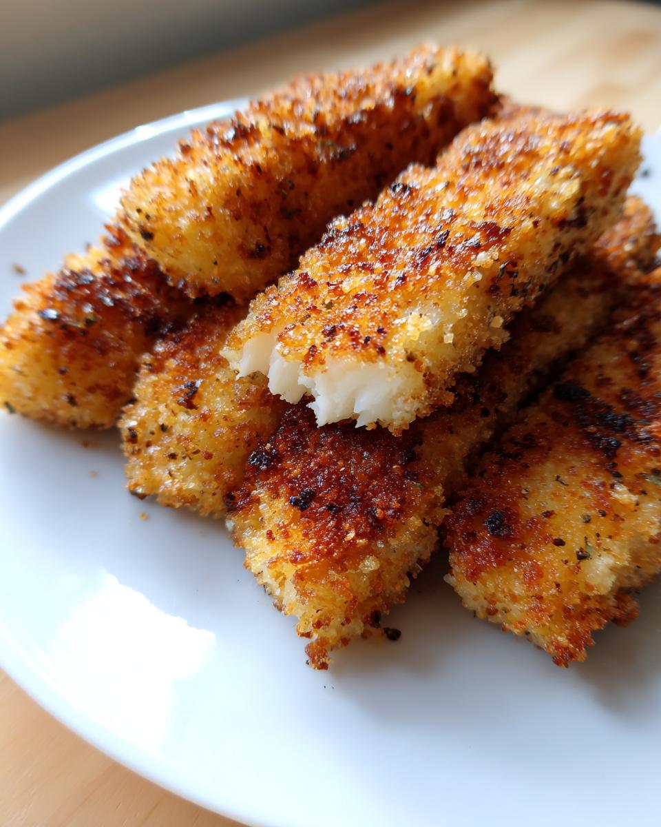A stack of golden brown, crispy homemade baked fish sticks on a white plate, ready to eat.