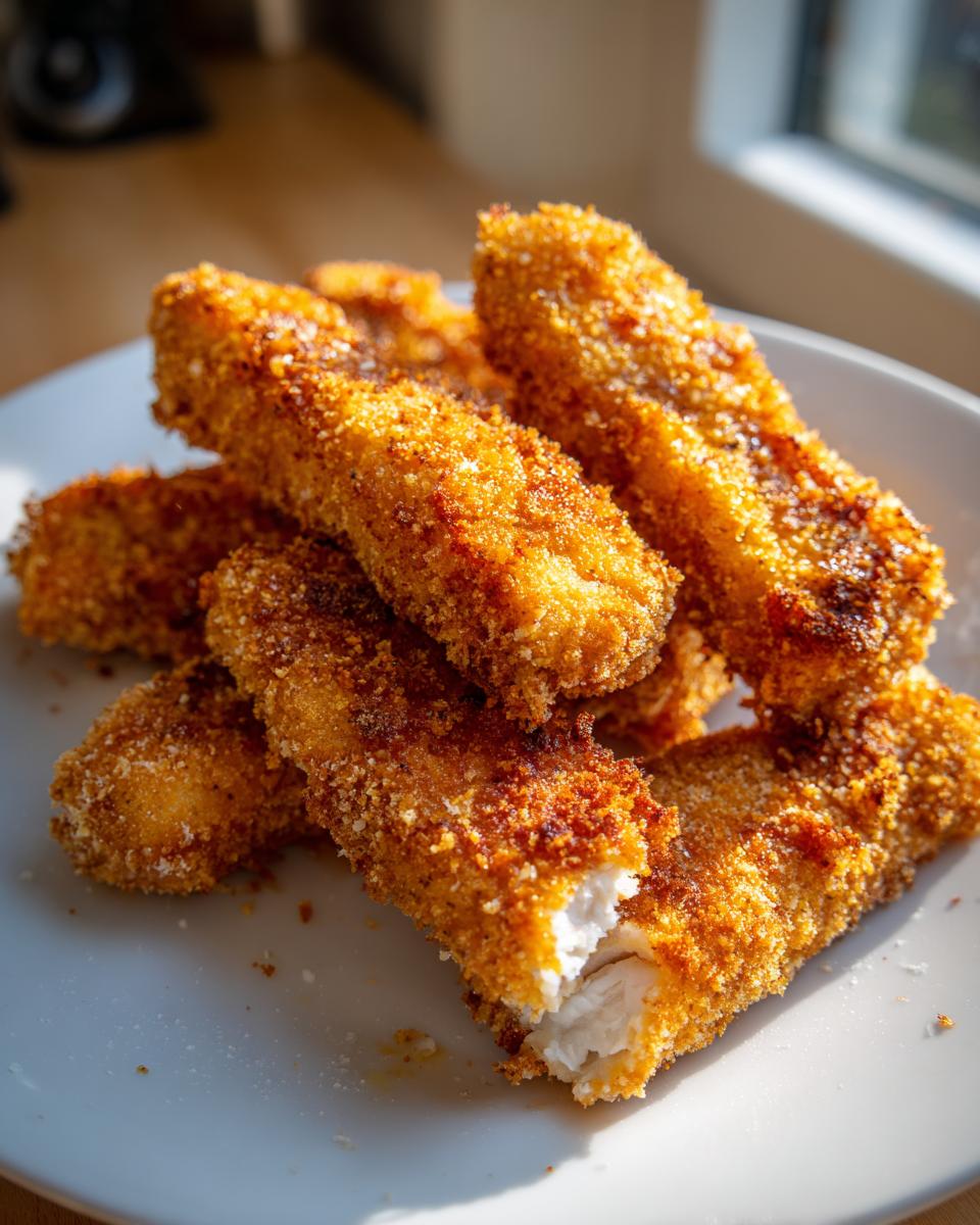 A plate of golden brown, crispy Homemade baked fish sticks, one broken to show the flaky white fish inside.