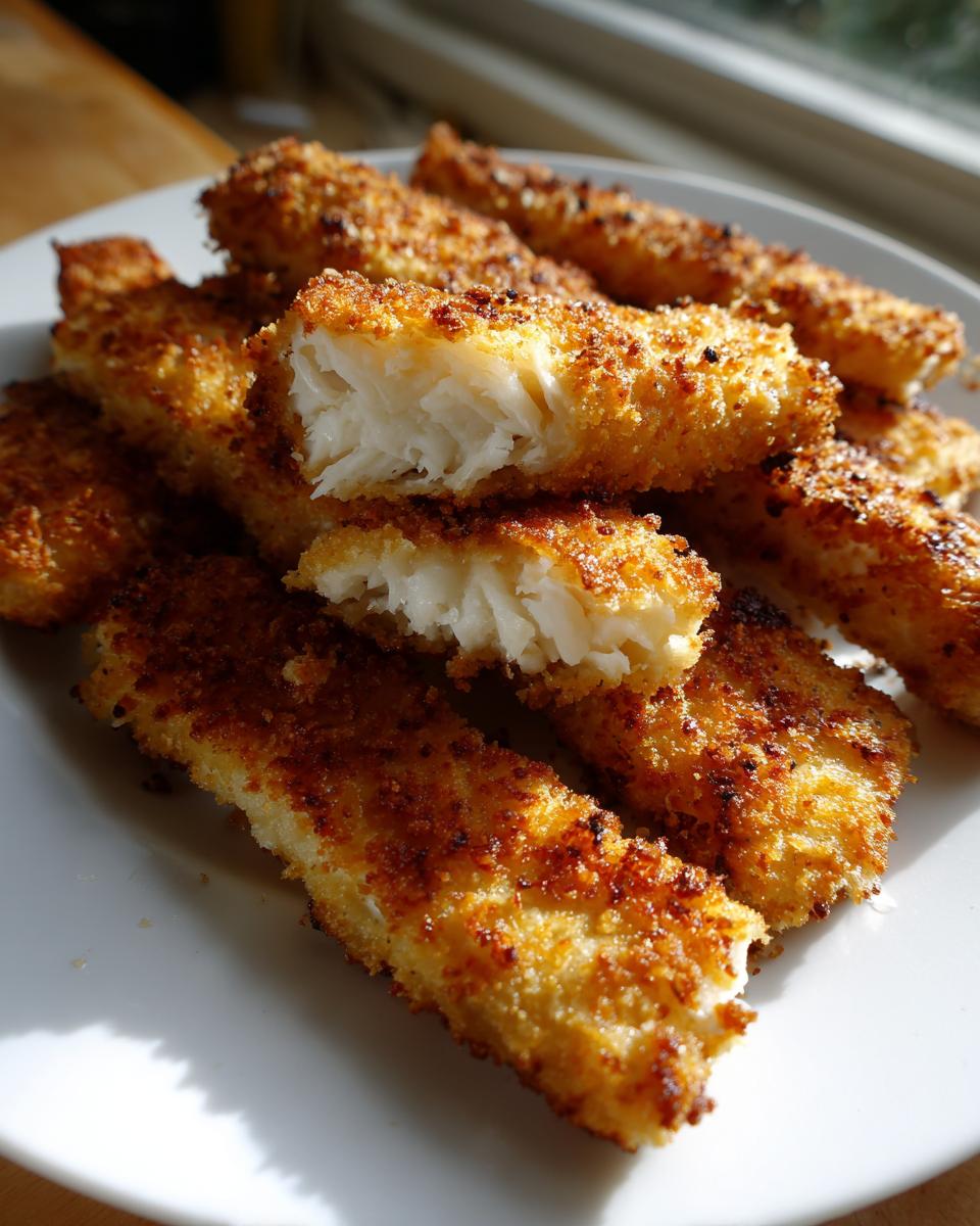 A close-up of golden brown, crispy Homemade baked fish sticks piled on a white plate, one broken to show the flaky fish inside.