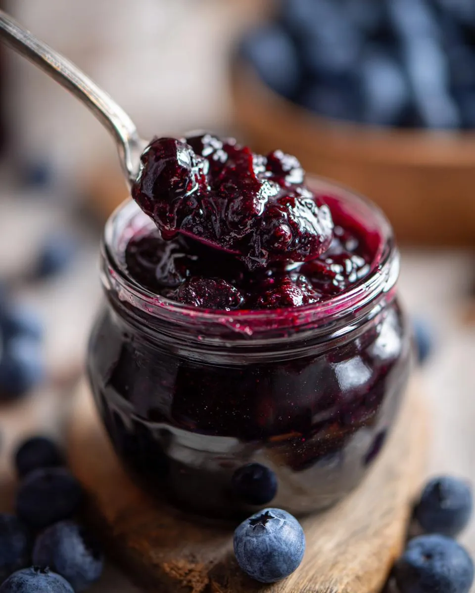 Close-up of a spoon lifting blueberry jam from a jar, surrounded by fresh blueberries.