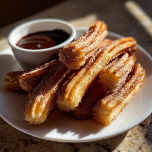 A plate of golden, sugar-coated Churros served with a rich chocolate dipping sauce.