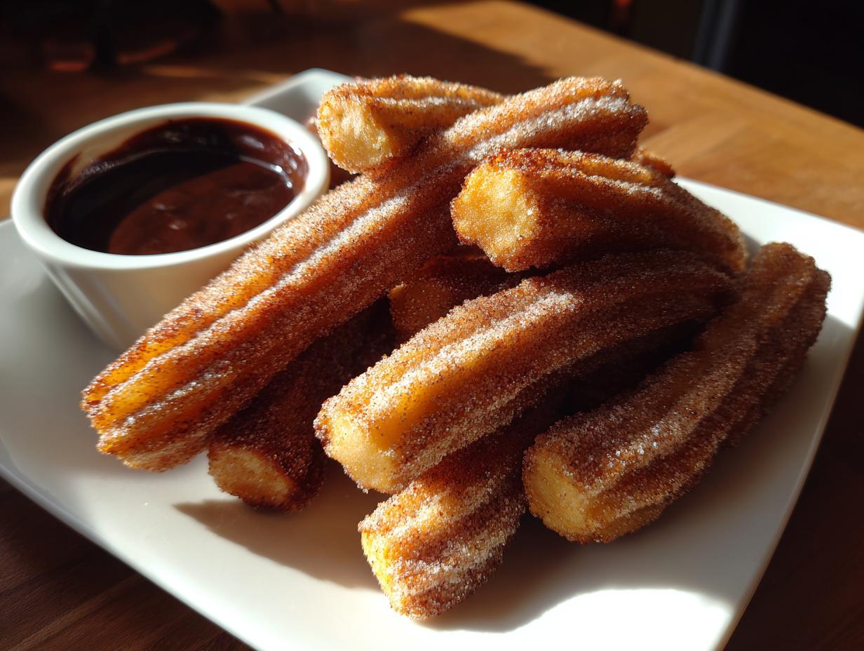A plate of freshly made Churros coated in sugar, served with a side of rich chocolate dipping sauce.