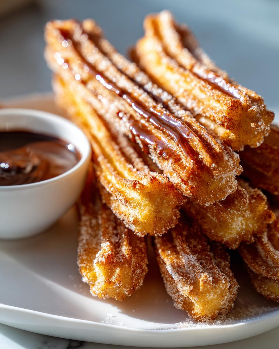 A stack of golden, crispy churros sprinkled with sugar, served with a rich chocolate dipping sauce.