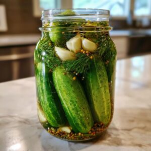 A glass jar filled with crisp, green cucumbers, dill, garlic, and spices, ready to become homemade dill pickles.