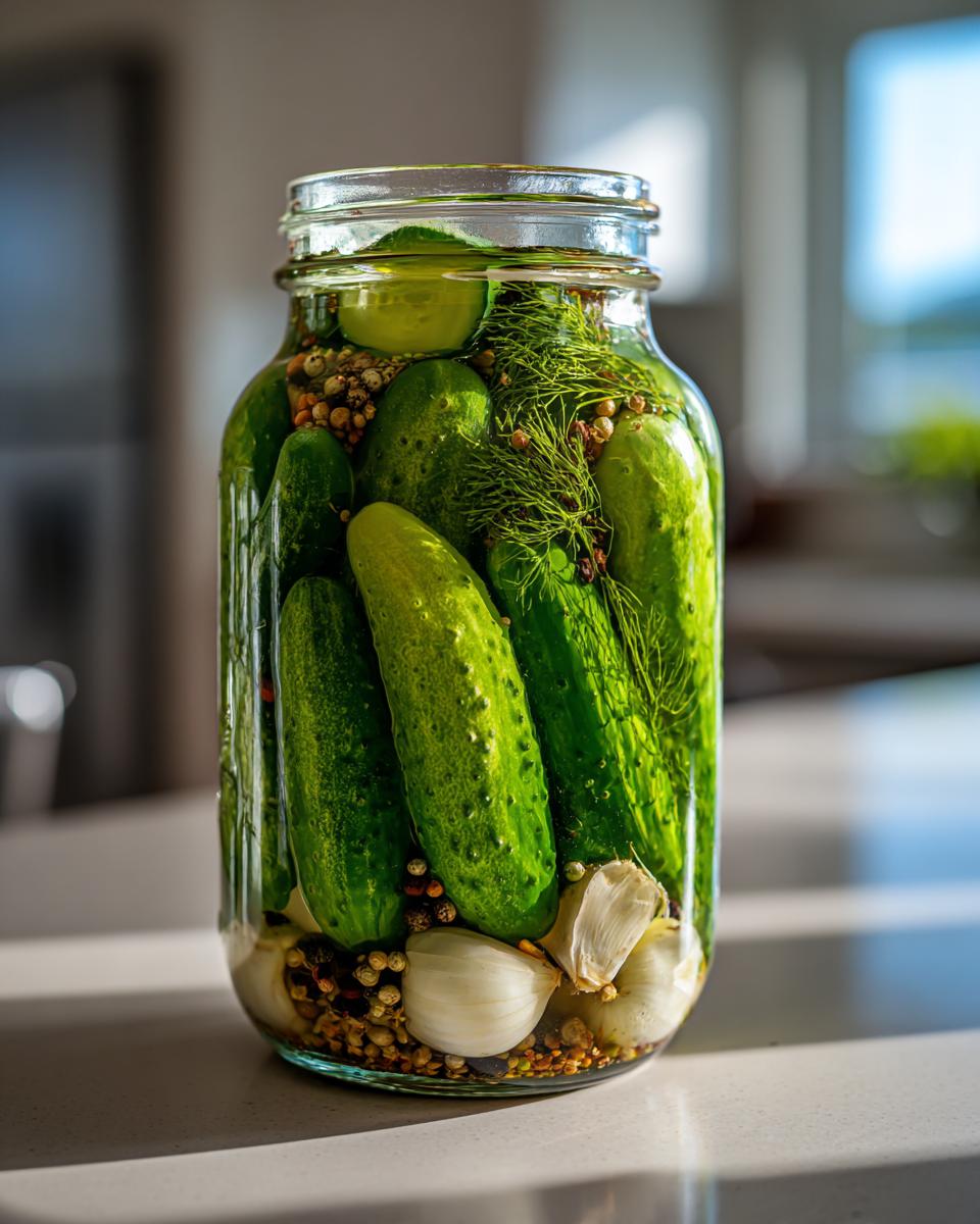 Close-up of a jar filled with crisp homemade dill pickles, dill sprigs, garlic, and spices.