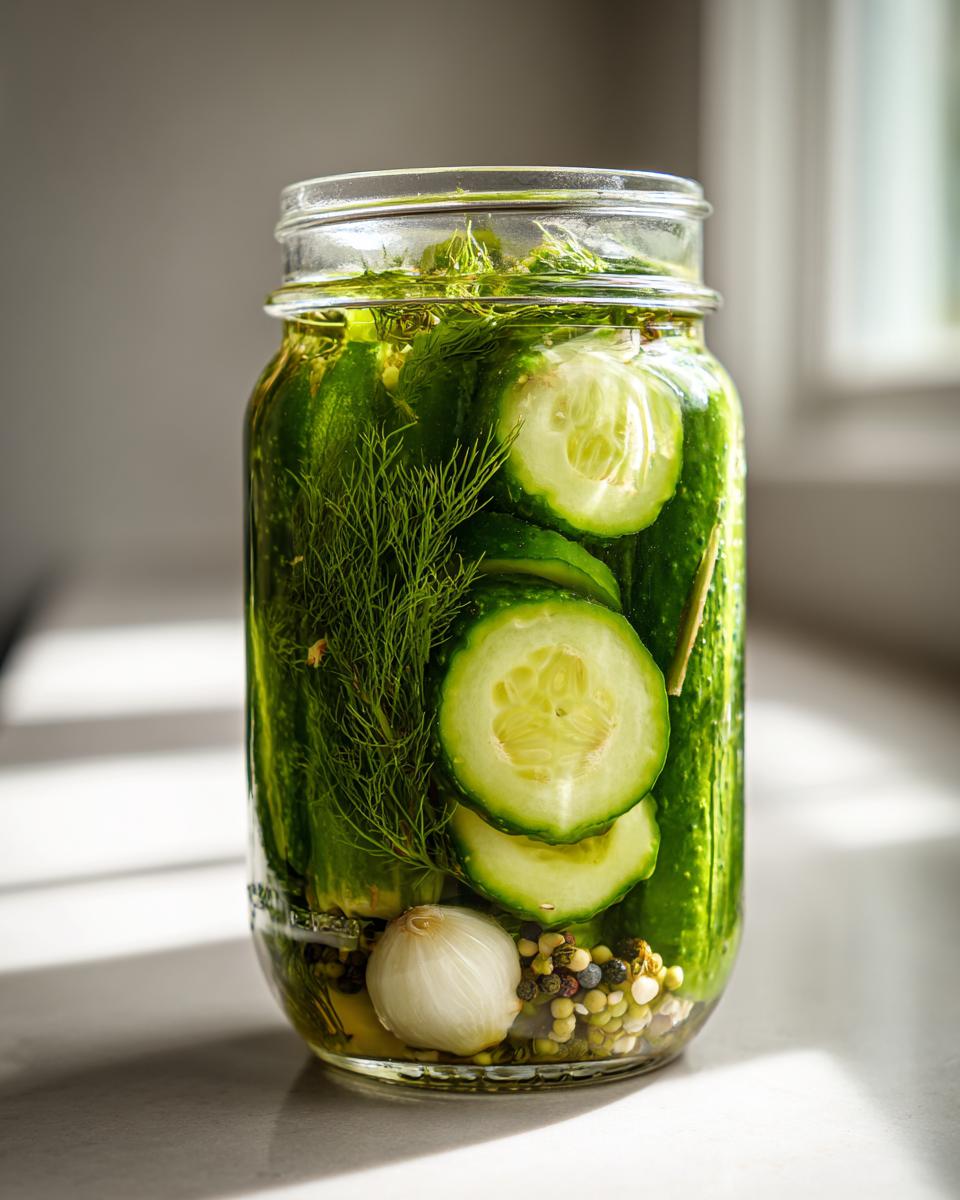 A glass jar filled with crisp homemade dill pickles, dill sprigs, garlic, and spices.