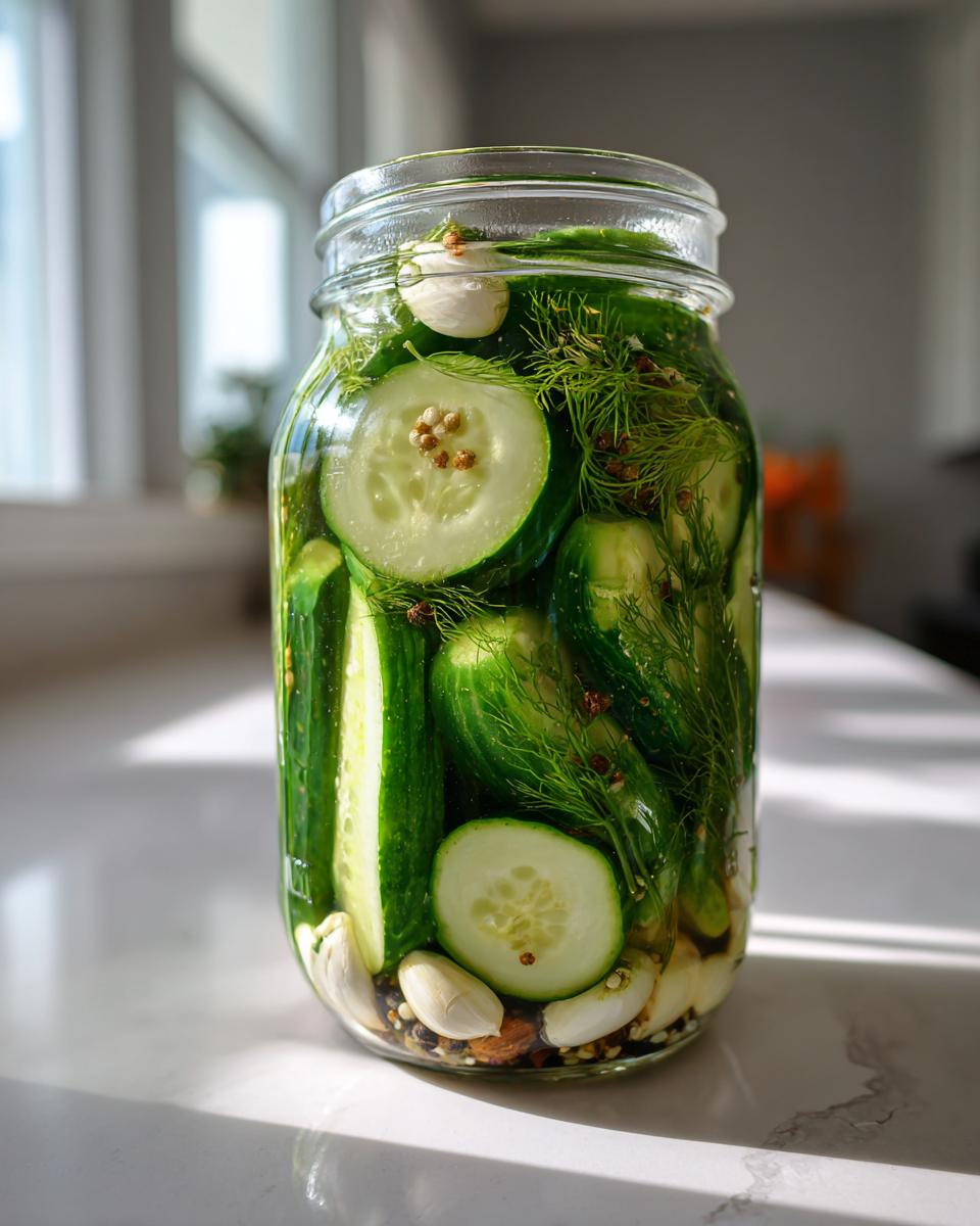 Close-up of a glass jar filled with sliced cucumbers, dill, garlic, and spices for making homemade dill pickles.